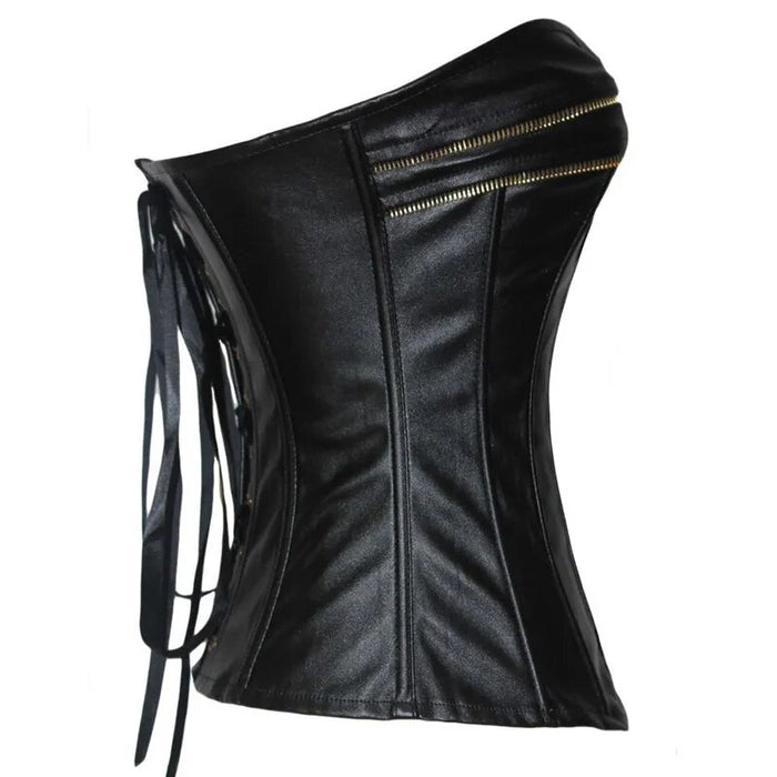 Steampunk Brocade Front Zipper Black Lace Up Waist Leather Corset