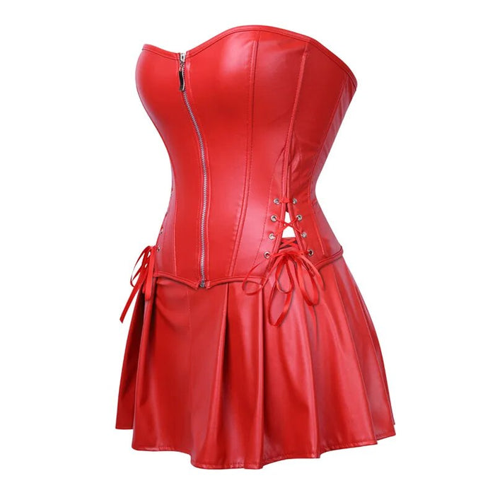 Red Green Punk Zipper Gothic PU Leather Corset Dress